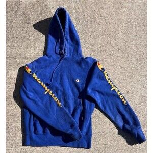 Blue Champion Hoodie Reverse Weave Size Small 100% Cotton Yellow Suede Logo Y2K